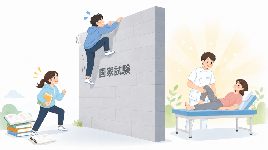 柔道整復師国家試験の大変さと、合格後に施術する柔整師のイメージイラスト