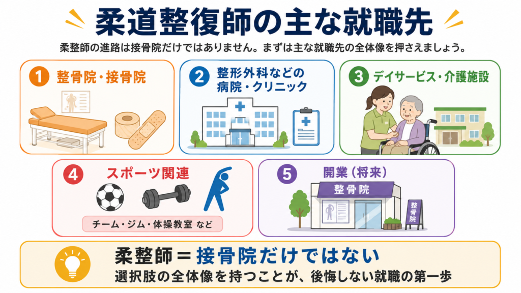柔道整復師の主な就職先(5種類)を図解したイラスト