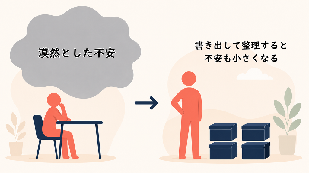 漠然とした大きな不安が、書き出して整理すると小さく扱いやすくなることを示したイラスト。画像内テキスト:「漠然とした不安」「書き出して整理すると不安も小さくなる」