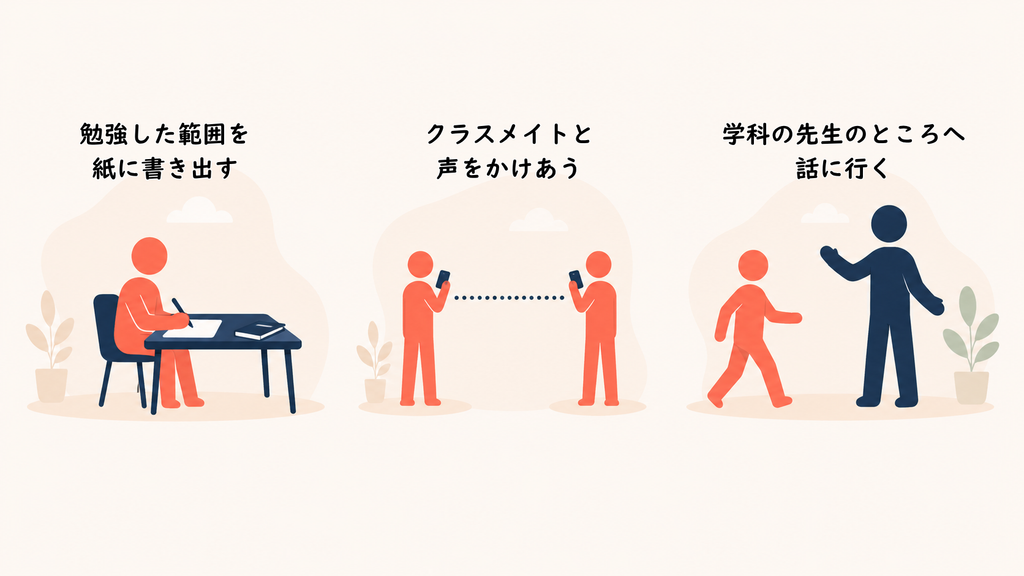 白紙に書き出す、友人と声をかけ合う、先生に聞きに行くという3つの習慣を示したイラスト。画像内テキスト:「勉強した範囲を紙に書き出す」「クラスメイトと声をかけあう」「学科の先生のところへ話に行く」