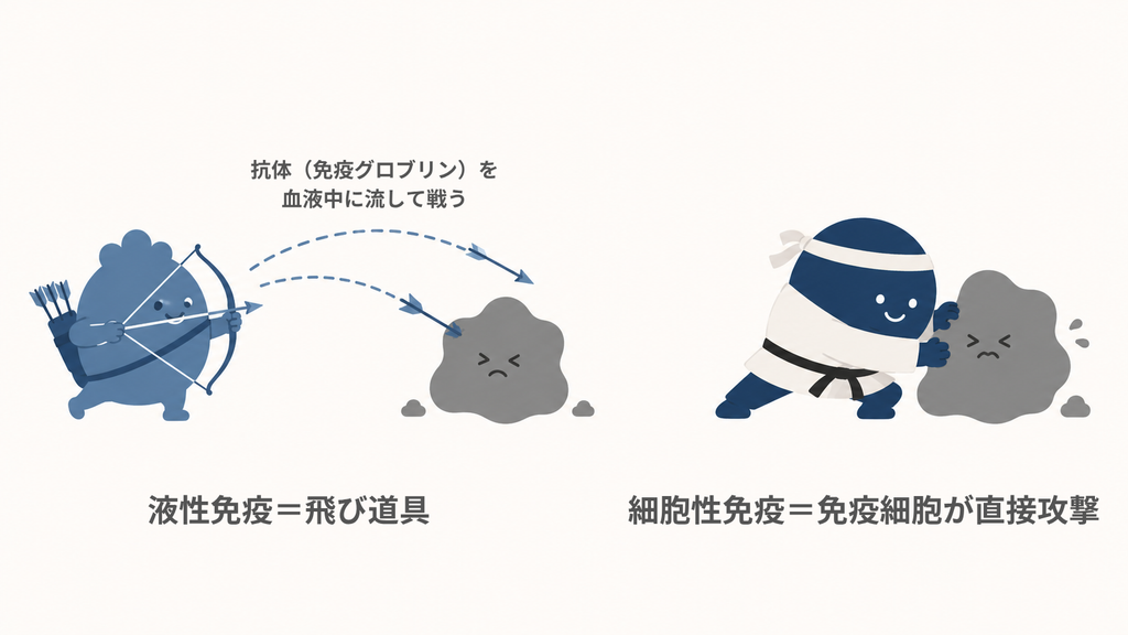 液性免疫（抗体による飛び道具）と細胞性免疫（免疫細胞による直接攻撃）の違いを示したイラスト