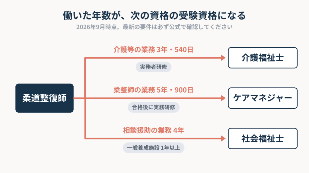柔道整復師の職歴から目指せる3つの資格。介護等の業務3年以上・540日以上と実務者研修で介護福祉士、柔道整復師としての業務5年以上・900日以上でケアマネジャー(合格後に実務研修)、相談援助業務4年以上と一般養成施設1年以上で社会福祉士。